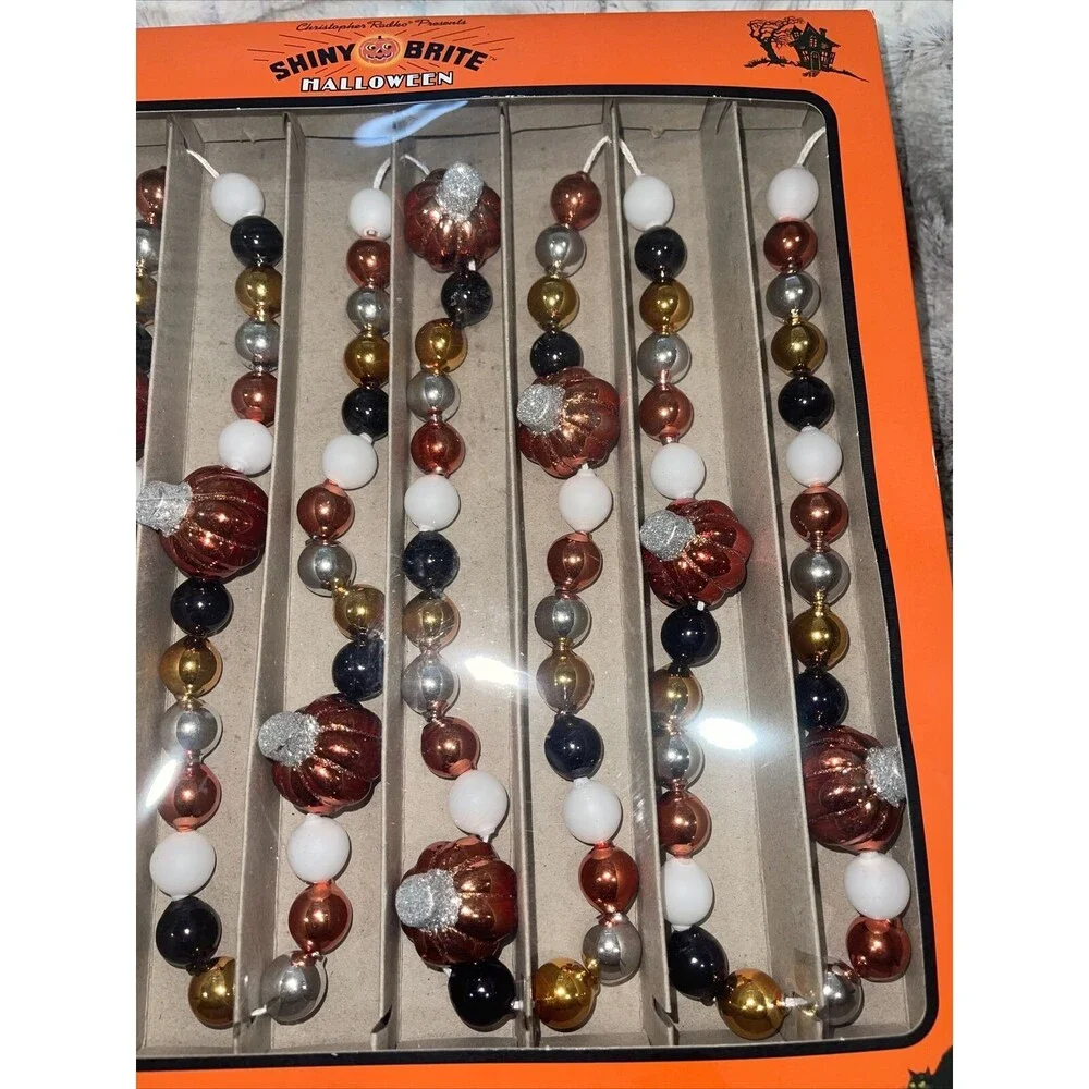 RADKO Shiny Brite GLASS GARLAND 7ft Pumpkin Halloween Black Orange Gold White